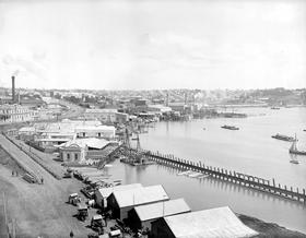 View of Viaduct Basin area, 1904, with Freemans Bay in the distance (upper right)